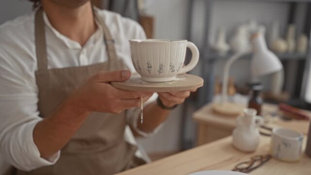 Man holds painted ceramic mug with bare hands on a wooden bat in a pottery studio, paintbrush drip visible and apron worn; focus.