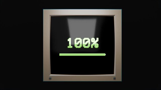 percentage loading bar on an old desktop screen monitor, black background. Loading, game loading screen