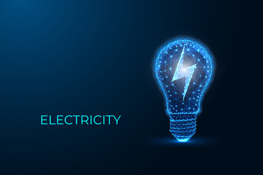 Electricity energy concept with lightning symbol inside glowing light bulb on dark blue background