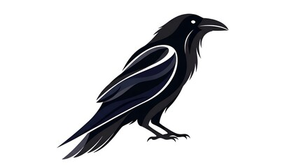 Fototapeta premium Black crow with white accents standing on a surface looking to the right