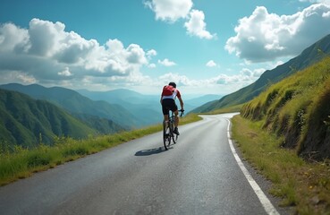 Cyclist rides bicycle uphill on winding mountain road. Scenic landscape with green hills, blue sky, and fluffy clouds. Active person enjoys outdoor sport and breathtaking nature views.