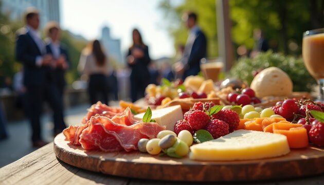 Appetizer board with meat cheese fruit and grapes. People in suits mingle in blurred background. Outdoor business event catering with diverse food options. Sunny day social gathering.