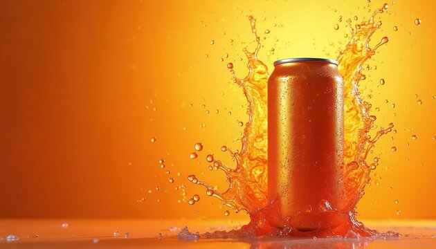 Orange soda can with splash effect. Liquid sprays and droplets fly around drink container. Refreshment concept with bright orange background and condensation on metal can.