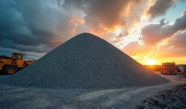 Large gravel pile on construction site with loader and truck. Ready for transport at sunset with dramatic clouds. Industrial material storage and logistics.