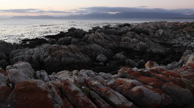 Rocky coastline of DeKelders overlooking the Atlantic Ocean, South Africa