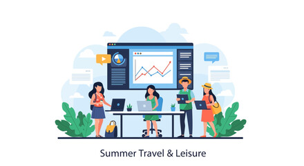 Fototapeta premium Team collaborating on summer travel and leisure plans using laptops and data analytics
