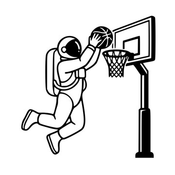 astronaut playing basketball dunk line drawing illustration vector clipart black and white