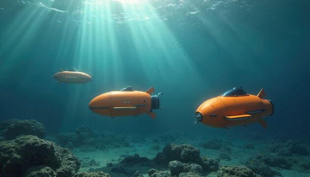 Three orange submersibles explore deep ocean floor. Sun rays pierce blue water illuminating coral reefs and seabed. Autonomous vehicles navigate uncharted marine territory on research mission.