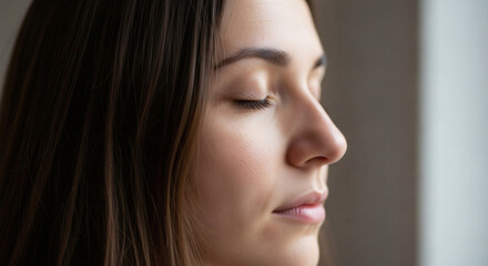 Fototapeta premium Close-up profile of a serene young woman with eyes closed, appearing in deep thought or meditation. Ideal for concepts of peace, wellness, and mindfulness in lifestyle or wellness marketing.