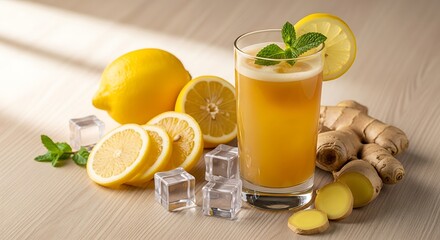 Fototapeta premium Citrus Elixir: A refreshing glass of vibrant, golden citrus juice, garnished with mint and lemon slice, nestled among fresh lemons, ginger root and ice cubes, embodying natural, wholesome goodness.