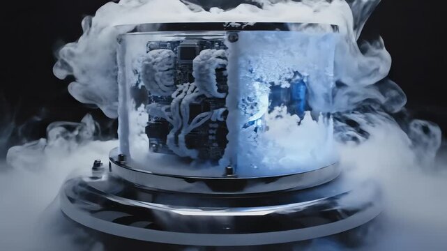 Futuristic ice cube with robotic microchip core, cold blue frozen tech concept, cinematic smoky studio macro video