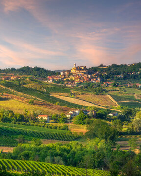 Montegrosso d'Asti Vineyards and Village at Sunset, Piedmont