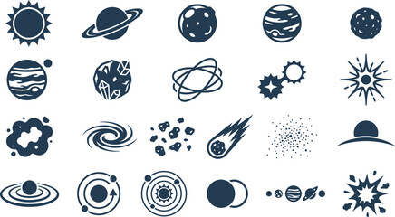 A comprehensive collection of diverse space and astronomy icons featuring planets, stars, galaxies, and celestial phenomena for educational design. © Septarim