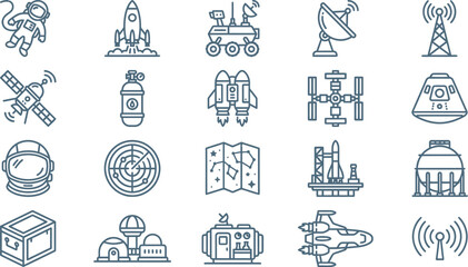 A comprehensive collection of outlined space exploration, astronomy, and communication icons in a modern vector style. © Septarim