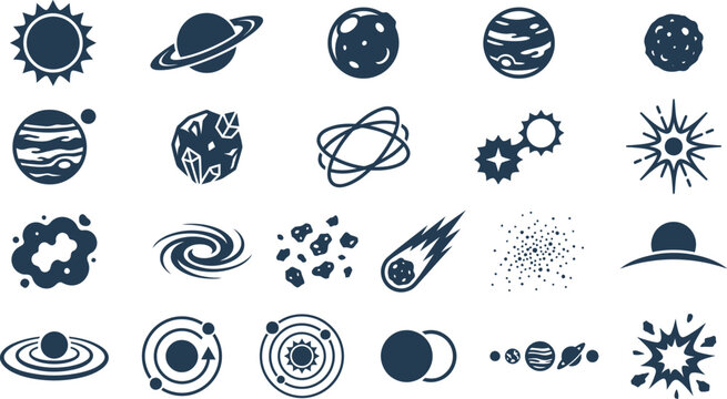 A comprehensive collection of diverse space and astronomy icons featuring planets, stars, galaxies, and celestial phenomena for educational design.