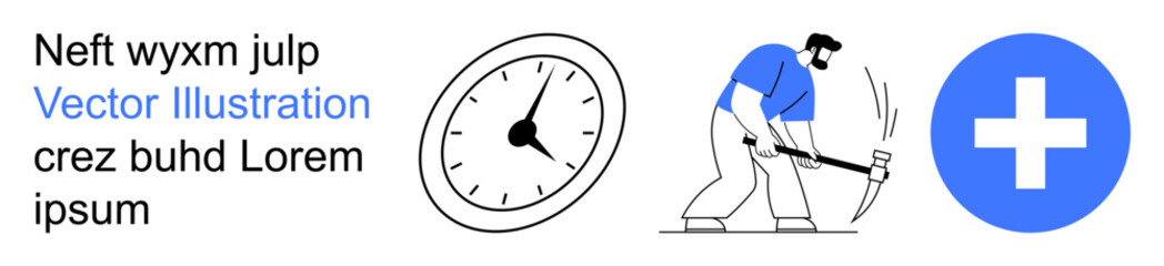 Obraz premium Time management, healthcare services, manual labor, medical aid, productivity, urgency. A worker swings a hammer beside a clock and medical cross. Time management and healthcare concepts