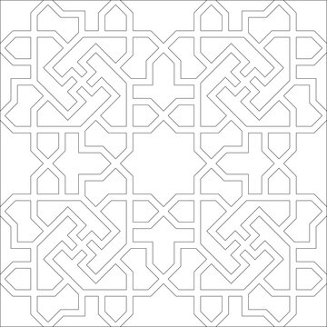 Technical architectural drawing showing a square Islamic geometric pattern with a central star motif and intricate interlacing strapwork for screens.