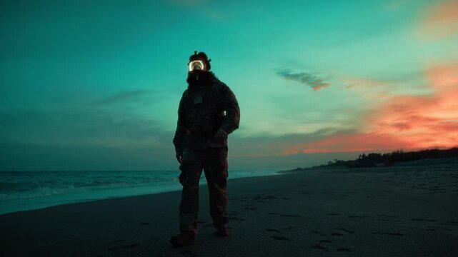 Silhouette of a soldier walking on a radiation-contaminated beach near the ocean