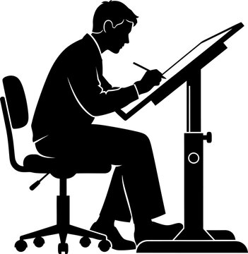 Silhouette of man drawing on drafting table with pencil
