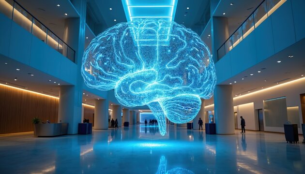 Glowing futuristic brain sculpture floats in modern lobby interior. Digital mind and intelligence concept. High tech innovation and cognitive processing.