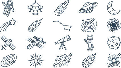 A collection of detailed line art icons representing various elements of space exploration, astronomy, and cosmic phenomena. © Septarim