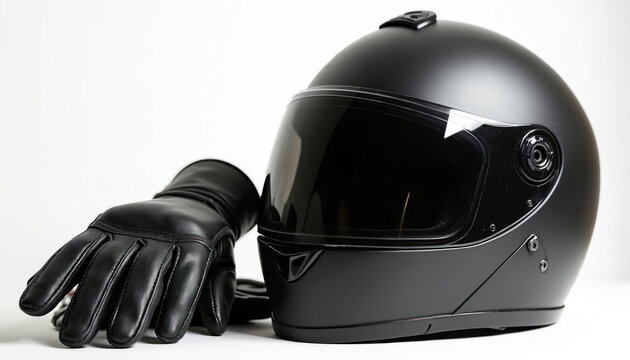 Black motorcycle helmet and leather gloves. Essential biker gear for safety and style. Protective equipment for riders on road trips and adventures. Maximum comfort.