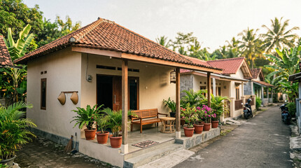 Fototapeta premium Charming tropical house exterior with potted plants and a tiled roof in daylight. generative AI