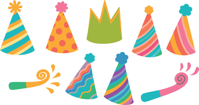 Hand Drawn Birthday Party Hats and Doodle Party Blowers Horns Set