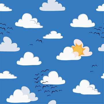 Seamless Sky Pattern with Fluffy Clouds Flying Birds
