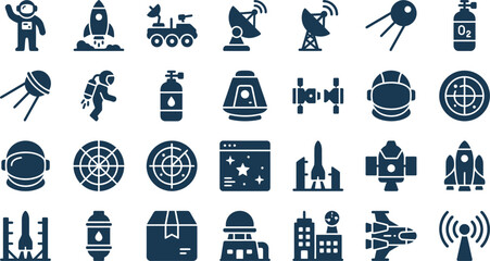 Comprehensive set of bold, dark blue glyph icons illustrating various aspects of space travel and astronomy. © Septarim