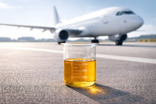 Sustainable Aviation Fuel (SAF) Concept - Lab Beaker with Golden Biofuel on Airport Runway with Blurred Airplane - Eco-Friendly Air Travel 3D Illustration