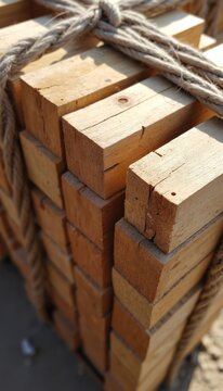 Stack of light brown square timber beams tied with thick rope. Natural wood lumber is ready for construction use. These building materials are piled neatly for transport and storage.