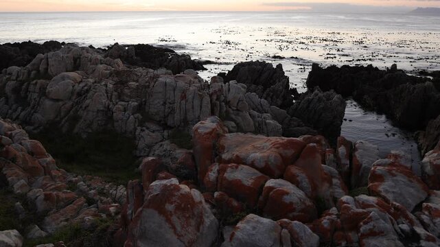 Rocky coastline of DeKelders overlooking the Atlantic Ocean, South Africa