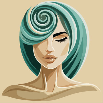 stylized portrait with teal spiral hair and closed eyes, blending modern vector minimalism with soft emotional calm