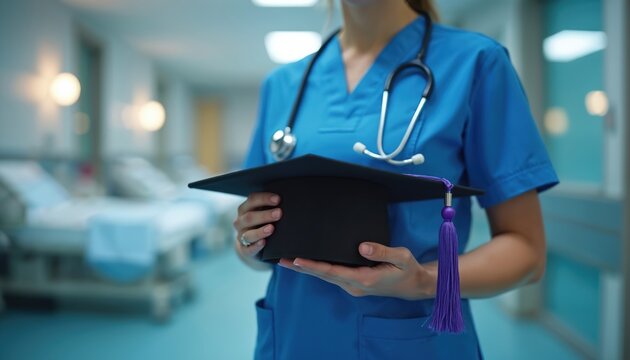 Nurse in blue scrubs holds graduation cap with stethoscope around neck. Hospital hallway with beds blurred in background. Medical professional completes studies.