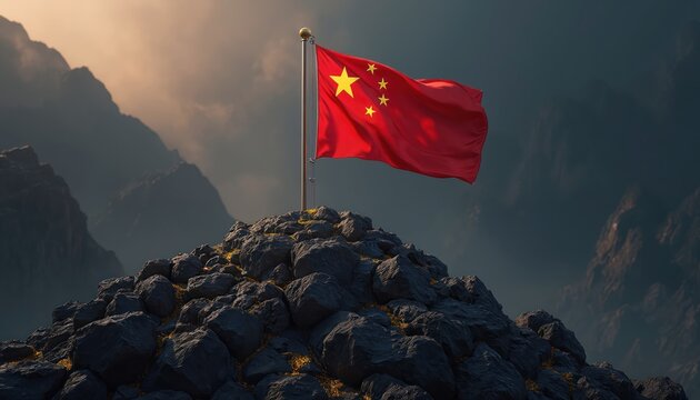 China flag waves on rocky mountain peak. Symbol of nation, power and industry. Represents global influence, vast resources and economic strength.