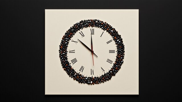 square clock white background clock face small black orange beads arranged circular pattern around circumference clock face beads different sizes shapes creating unique eye catching design hands