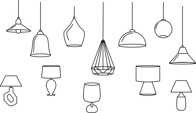 Modern ceiling lamps and desk lighting collection, interior design hanging pendants and table lamp silhouettes, furniture decor and illumination set