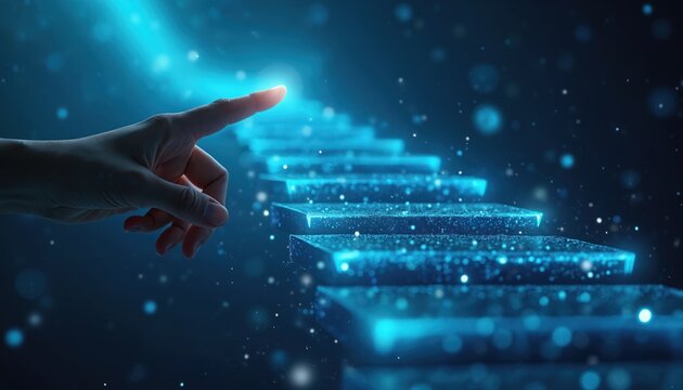 Human hand touches glowing digital stpic ascending into blue light. Represents progress, future, tech goals, career path. Abstract concept of success and next level.