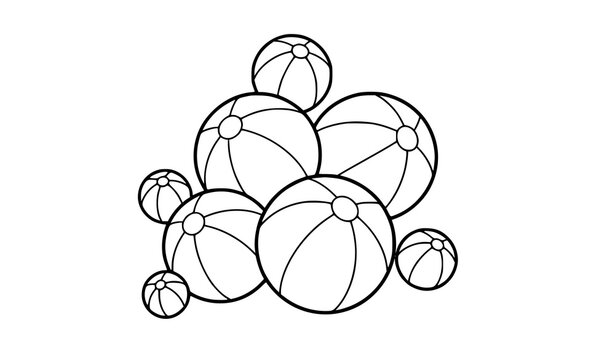 Beach balls summer coloring page for kids simple black and white printable vector isolated on white background