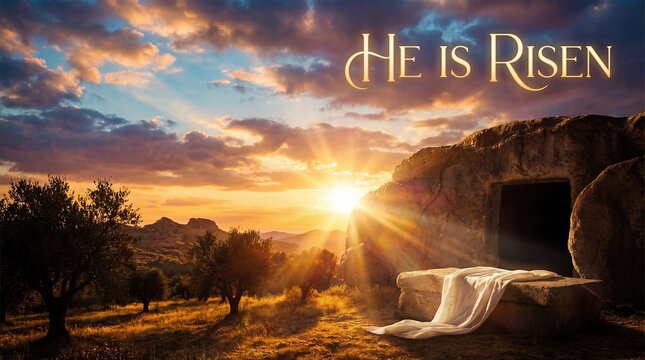 Easter morning, a symbol of hope and resurrection, as the sun rises over the empty tomb. The text He is Risen is elegantly displayed across the image, which evokes a feeling of peace and divine grace.