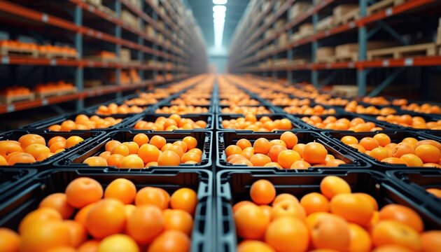 Oranges fill black crates stacked high in a vast warehouse. Bright fluorescent lights illuminate long rows of shelves holding cardboard boxes. Fresh fruit sorting and distribution.