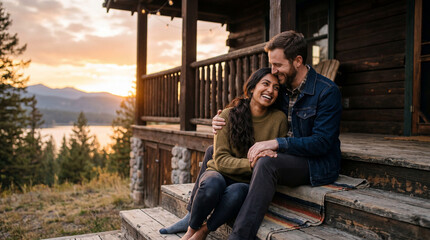 Fototapeta premium Couple relaxing on wooden cabin porch in nature