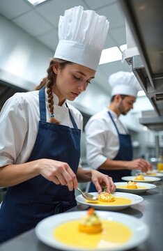 Two chefs in white hats and blue aprons plate delicate yellow soup with garnished pastry. Teamwork in pro kitchen, food prep, culinary arts.