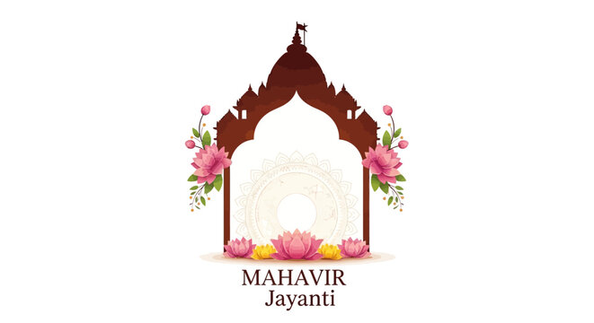 A Mahavir Jayanti social media banner features a decorative floral frame with Hindu temple architecture, all in a vibrant color palette against a clean white background