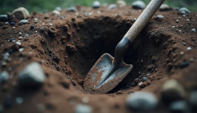 Shovel rests in freshly dug earth hole. Brown soil pile with small rocks surrounds excavation. Digging process for grave or foundation begins.