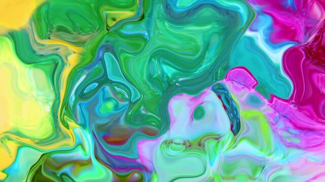 A vibrant blend of sunny yellow, lime green, and electric blue swirls. These fluid patterns merge with bright pink accents to create a lively and colorful abstract tropical scene.