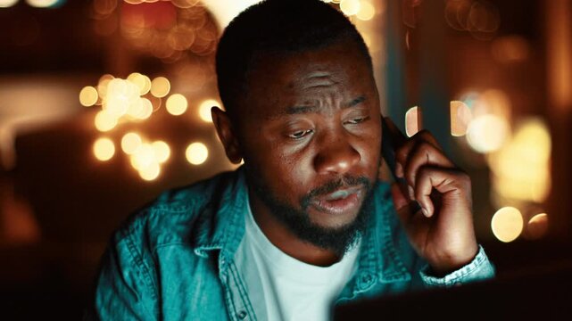 A man with dark skin is talking on the phone while sitting in a well-lit indoor space. Soft lights create a cozy atmosphere in the background.