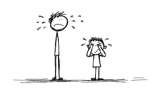Cartoon stick figures of an adult and child crying with tears, expressing sadness, emotional distress, unhappiness, and family problems