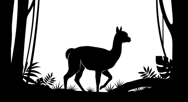 Silhouette of a llama walking through a forest clearing design